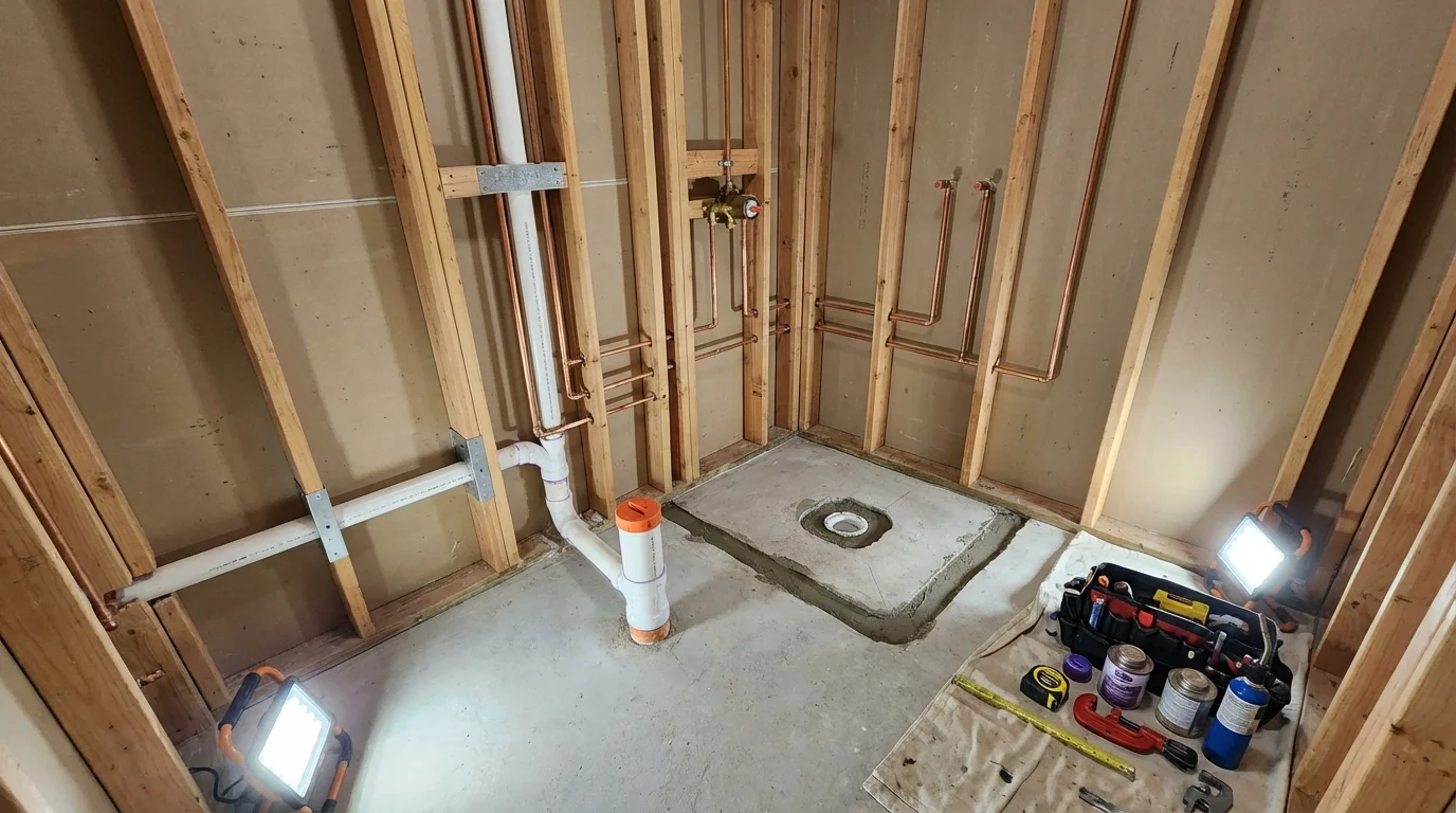 Bathroom rough-in plumbing during remodel by Johns Plumbing LLC in Dansville