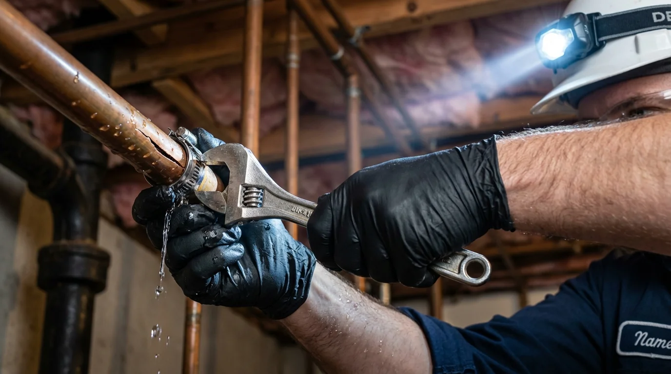 Emergency pipe clamp repair being performed by a Johns Plumbing LLC plumber in Dansville