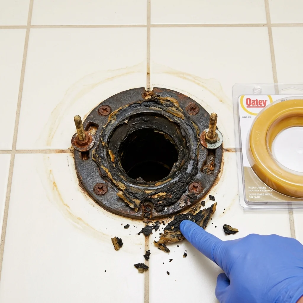 Failed wax ring showing water seepage at the base of a toilet in a Dansville, NY home