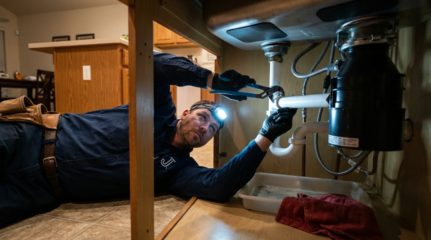 P-trap and supply line connections under a kitchen sink showing a common leak point in Dansville, NY